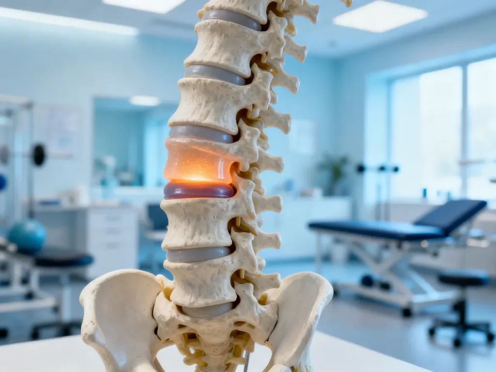 Anatomiczna ilustracja kręgosłupa z widoczną protruzją dysku, przedstawiona w profesjonalnym gabinecie fizjoterapii.
