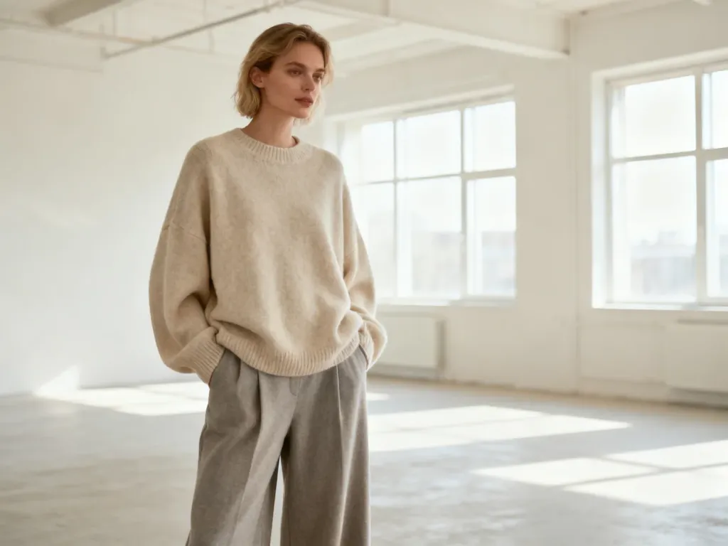 Kobieta w beżowym swetrze typu oversize i szerokich spodniach, prezentująca stylizację loose fit w minimalistycznym wnętrzu.
